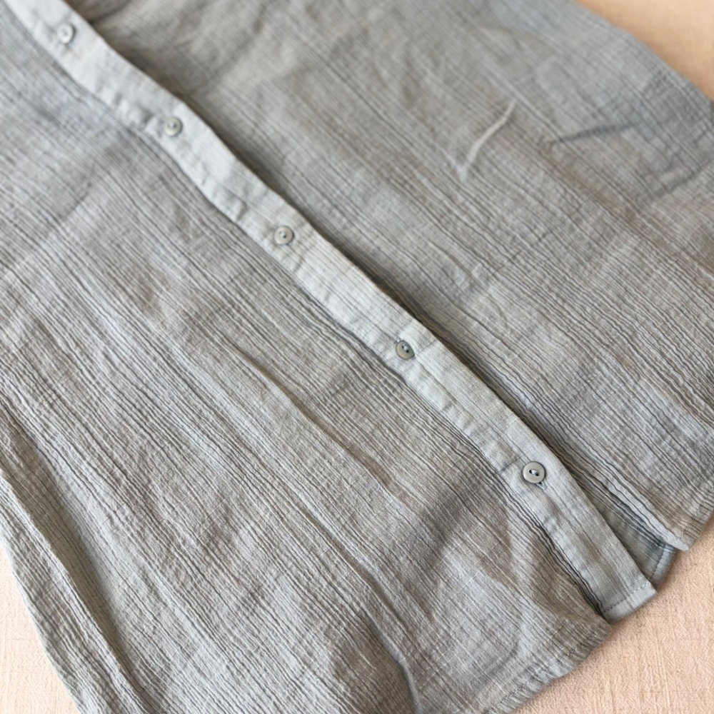 Easel Womens Small Blue Grey Crinkle Gauze Cotton Button Down Tie Sleeve Shirt - Picture 7 of 10